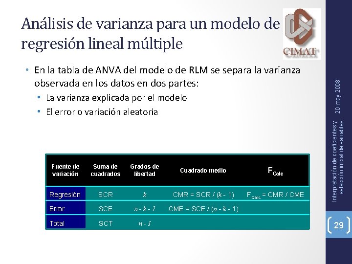  • En la tabla de ANVA del modelo de RLM se separa la