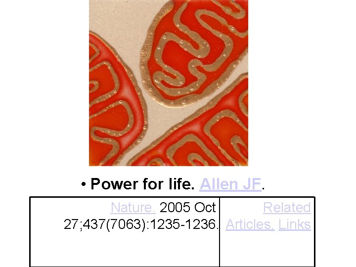  • Power for life. Allen JF. Nature. 2005 Oct Related 27; 437(7063): 1235
