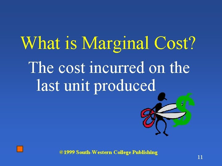 What is Marginal Cost? The cost incurred on the last unit produced © 1999