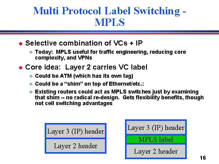 Multi Protocol Label Switching MPLS l Selective combination of VCs + IP » Today: