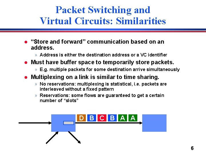 Packet Switching and Virtual Circuits: Similarities l “Store and forward” communication based on an