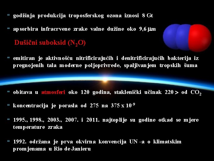  godišnja produkcija troposferskog ozona iznosi 8 Gt apsorbira infracrvene zrake valne dužine oko