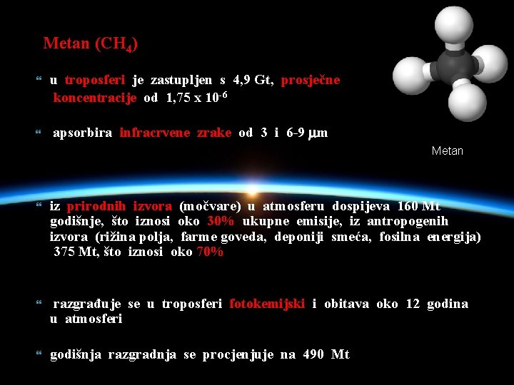 - Metan (CH 4) u troposferi je zastupljen s 4, 9 Gt, prosječne koncentracije