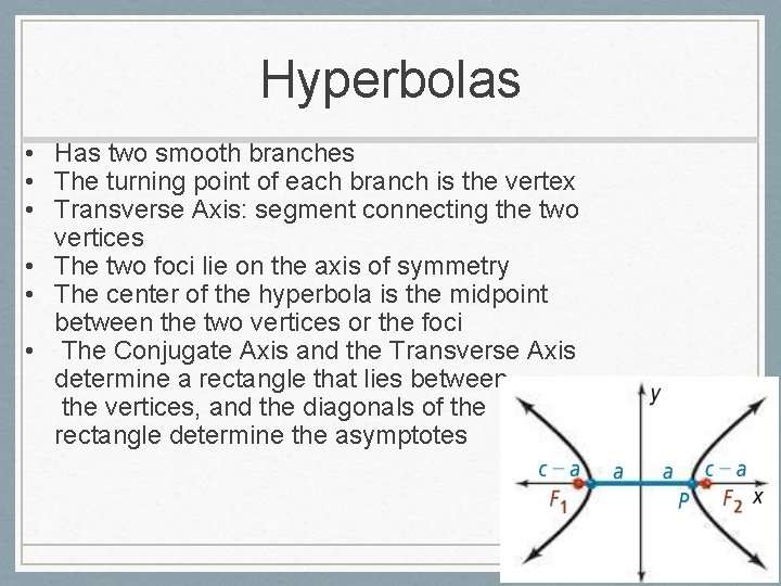 Hyperbolas • Has two smooth branches • The turning point of each branch is