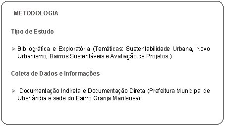 METODOLOGIA Tipo de Estudo Ø Bibliográfica e Exploratória (Temáticas: Sustentabilidade Urbana, Novo Urbanismo, Bairros METODOLOGIA Tipo de Estudo Ø Bibliográfica e Exploratória (Temáticas: Sustentabilidade Urbana, Novo Urbanismo, Bairros