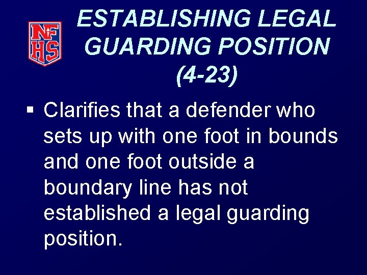 ESTABLISHING LEGAL GUARDING POSITION (4 -23) § Clarifies that a defender who sets up