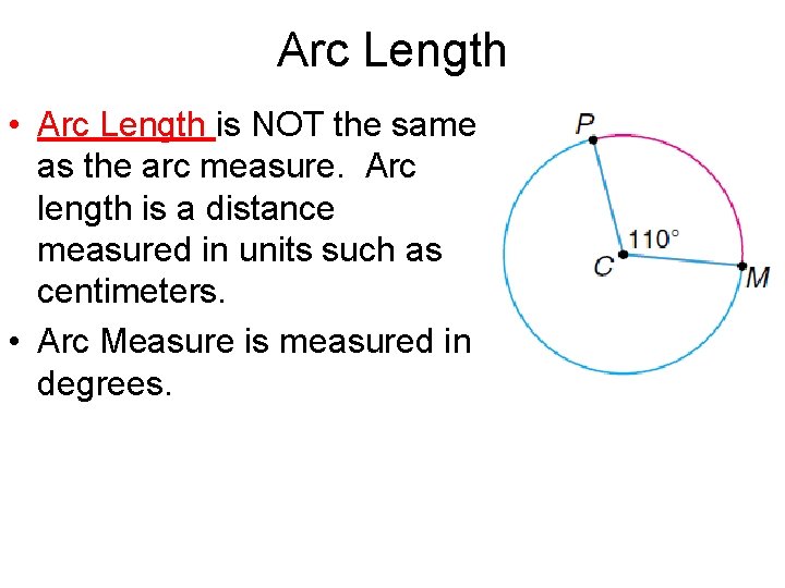 Arc Length • Arc Length is NOT the same as the arc measure. Arc