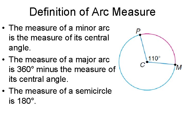 Definition of Arc Measure • The measure of a minor arc is the measure