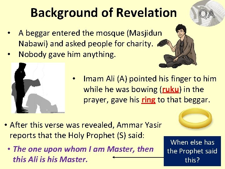 Background of Revelation • A beggar entered the mosque (Masjidun Nabawi) and asked people