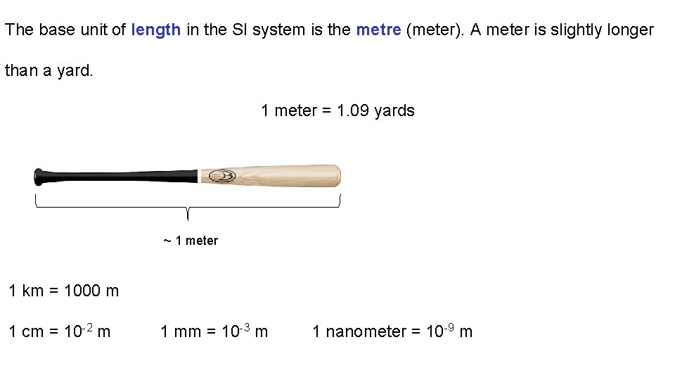 The base unit of length in the SI system is the metre (meter). A