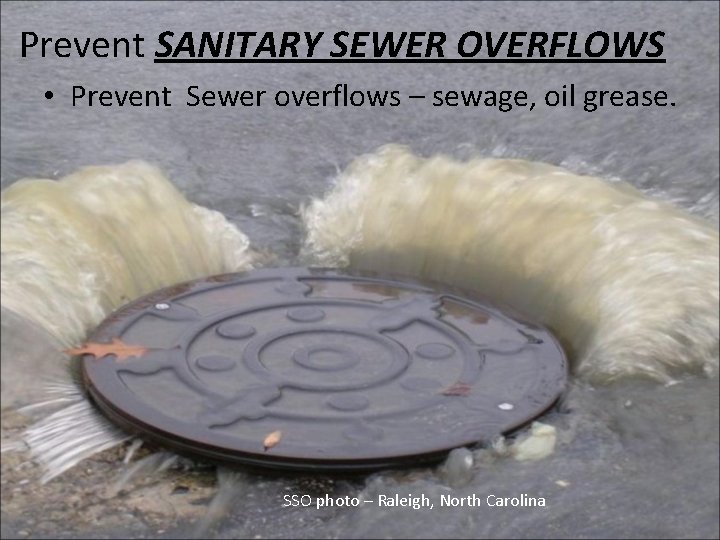 Prevent SANITARY SEWER OVERFLOWS • Prevent Sewer overflows – sewage, oil grease. SSO photo