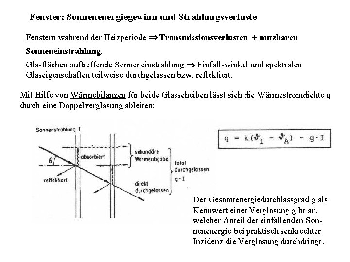 Fenster; Sonnenenergiegewinn und Strahlungsverluste Fenstern wahrend der Heizperiode Transmissionsverlusten + nutzbaren Sonneneinstrahlung. Glasflächen auftreffende