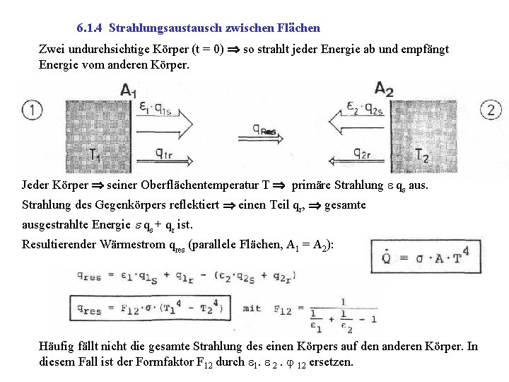 6. 1. 4 Strahlungsaustausch zwischen Flächen Zwei undurchsichtige Körper (t = 0) so strahlt