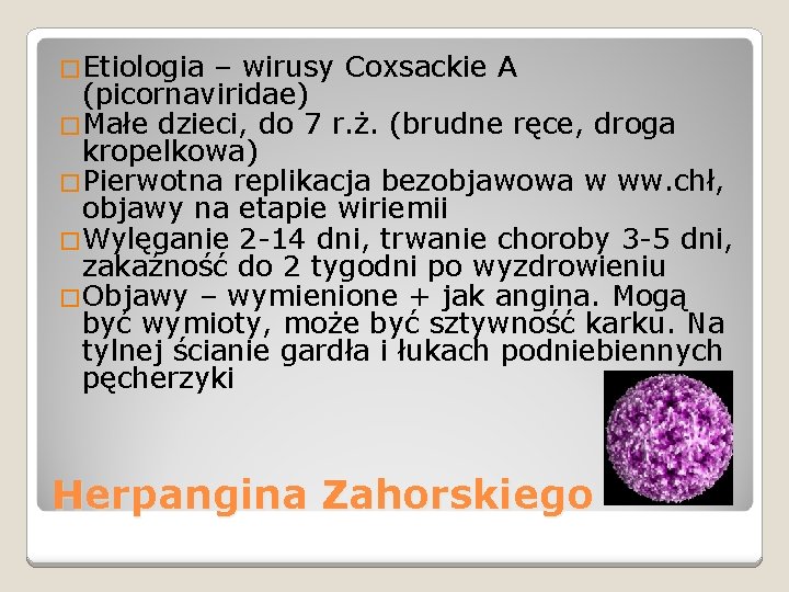 �Etiologia – wirusy Coxsackie A (picornaviridae) �Małe dzieci, do 7 r. ż. (brudne ręce,