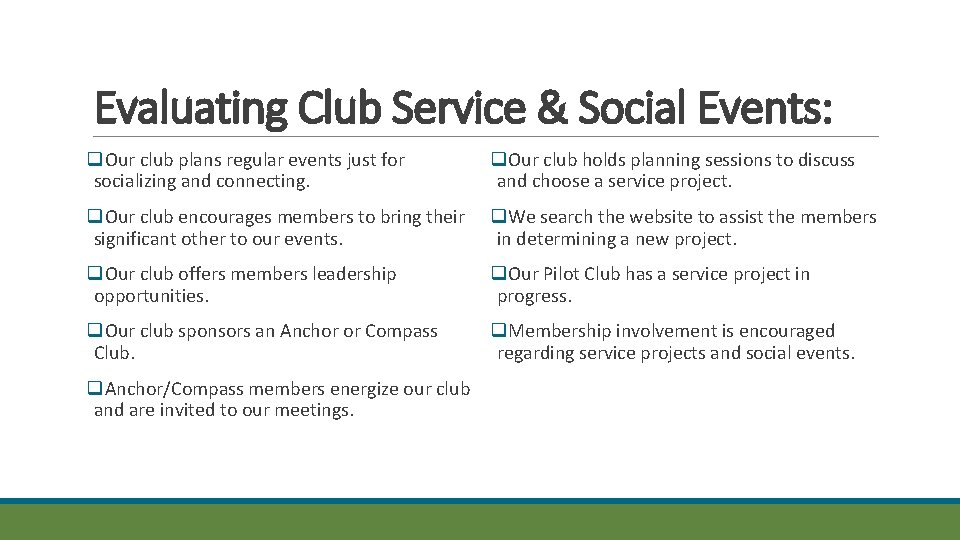 Evaluating Club Service & Social Events: q. Our club plans regular events just for