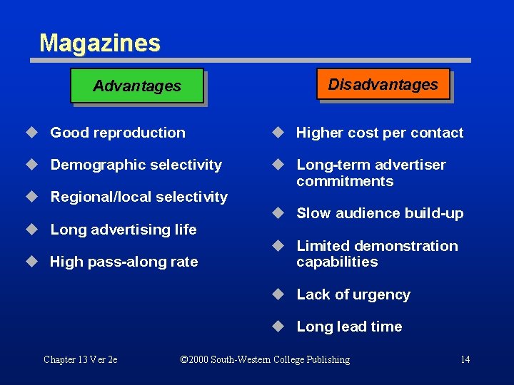 Magazines Advantages Disadvantages u Good reproduction u Higher cost per contact u Demographic selectivity