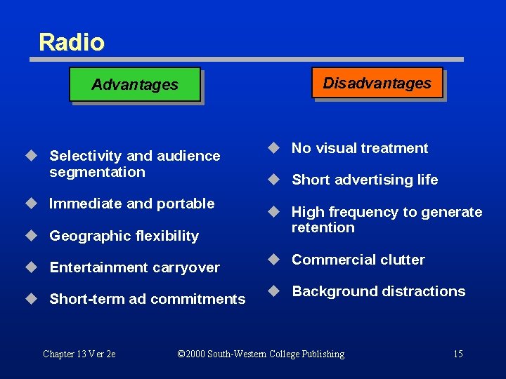 Radio Advantages u Selectivity and audience segmentation u Immediate and portable u Geographic flexibility