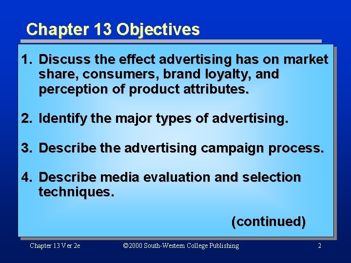 Chapter 13 Objectives 1. Discuss the effect advertising has on market share, consumers, brand