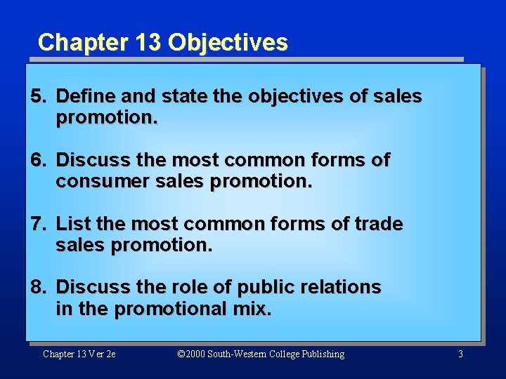 Chapter 13 Objectives 5. Define and state the objectives of sales promotion. 6. Discuss