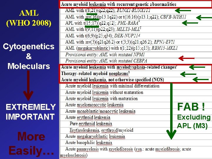 AML (WHO 2008) Cytogenetics & Moleculars EXTREMELY IMPORTANT More Easily… FAB ! Excluding APL