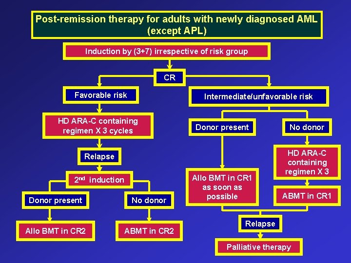 Post-remission therapy for adults with newly diagnosed AML (except APL) Induction by (3+7) irrespective