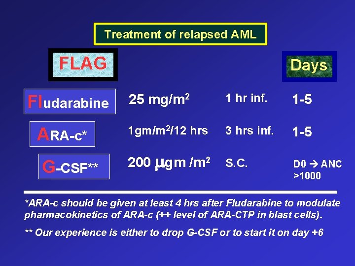Treatment of relapsed AML FLAG Fludarabine ARA-c* G-CSF** Days 25 mg/m 2 1 hr