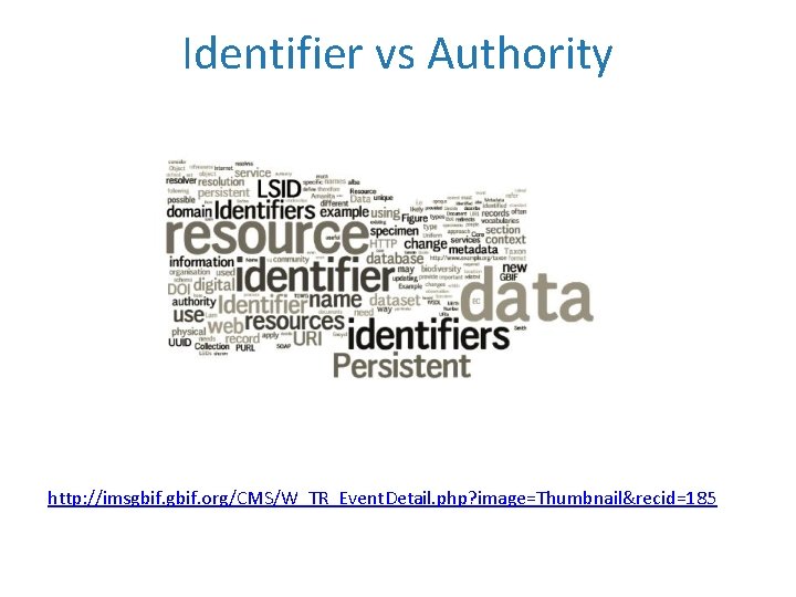 Identifier vs Authority http: //imsgbif. org/CMS/W_TR_Event. Detail. php? image=Thumbnail&recid=185 