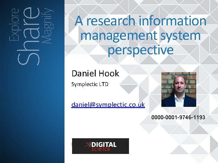 A research information management system perspective Daniel Hook Symplectic LTD daniel@symplectic. co. uk 0000