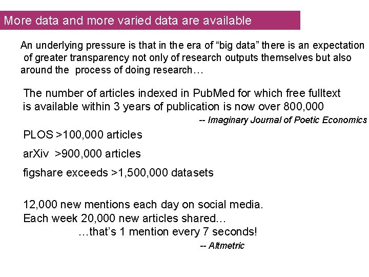 More data and more varied data are available An underlying pressure is that in