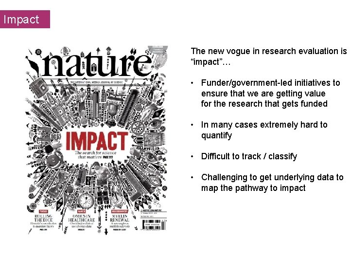 Impact The new vogue in research evaluation is “impact”… • Funder/government-led initiatives to ensure
