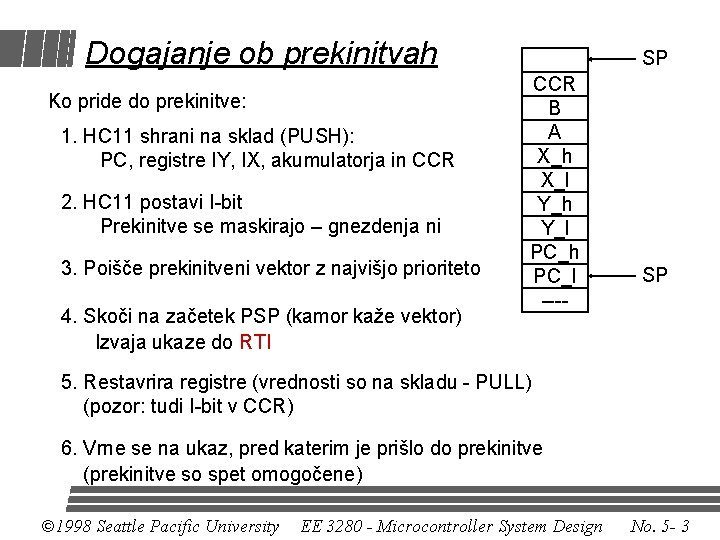 Dogajanje ob prekinitvah Ko pride do prekinitve: 1. HC 11 shrani na sklad (PUSH):