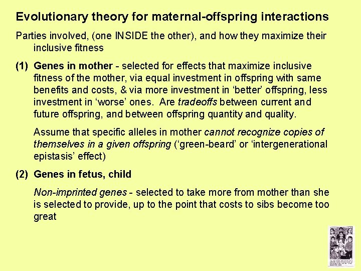 Evolutionary theory for maternal-offspring interactions Parties involved, (one INSIDE the other), and how they