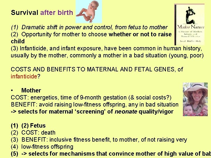 Survival after birth (1) Dramatic shift in power and control, from fetus to mother