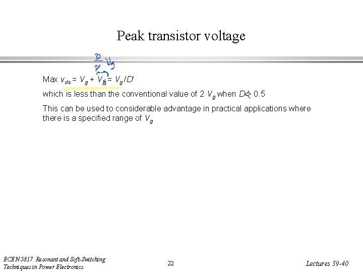 Peak transistor voltage Max vds = Vg + Vb = Vg /D’ which is
