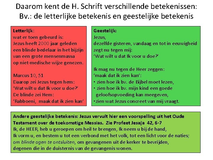 Daarom kent de H. Schrift verschillende betekenissen: Bv. : de letterlijke betekenis en geestelijke