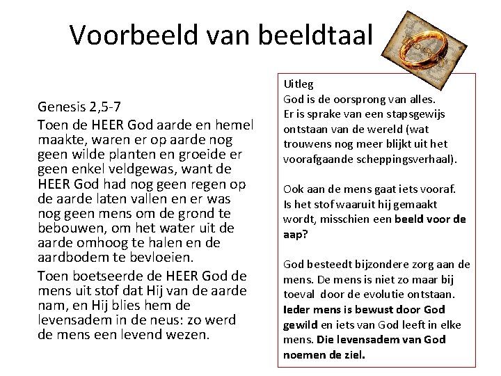 Voorbeeld van beeldtaal Genesis 2, 5 -7 Toen de HEER God aarde en hemel