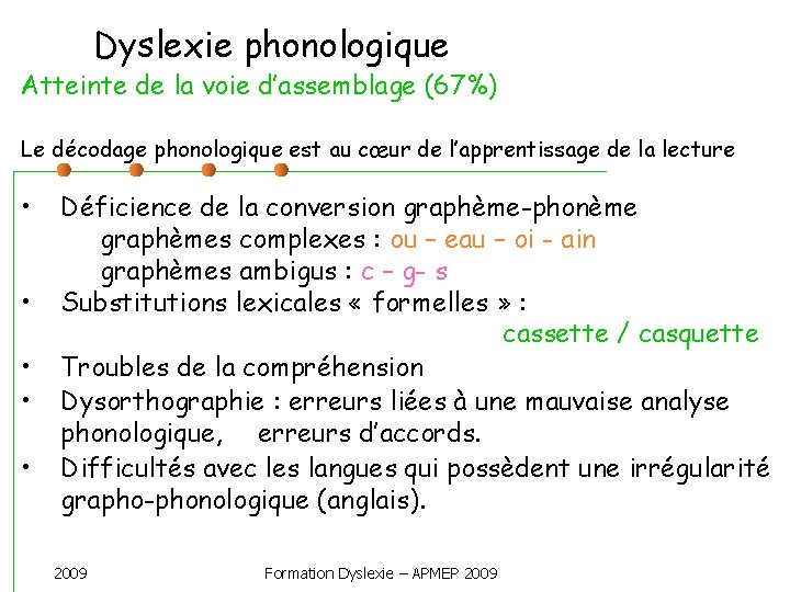 Dyslexie phonologique Atteinte de la voie d’assemblage (67%) Le décodage phonologique est au cœur