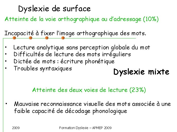 Dyslexie de surface Atteinte de la voie orthographique ou d’adressage (10%) Incapacité à fixer