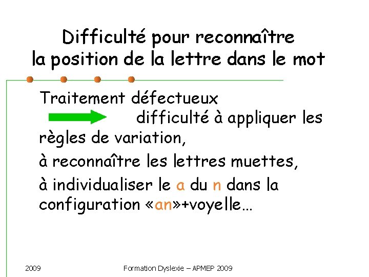 Difficulté pour reconnaître la position de la lettre dans le mot Traitement défectueux difficulté