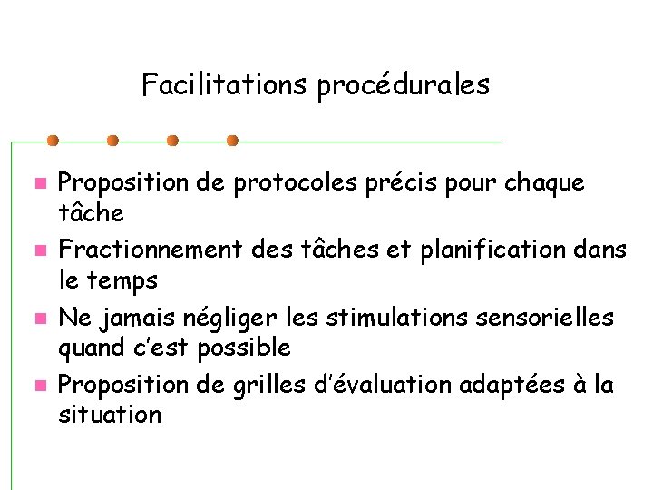 Facilitations procédurales Proposition de protocoles précis pour chaque tâche Fractionnement des tâches et planification