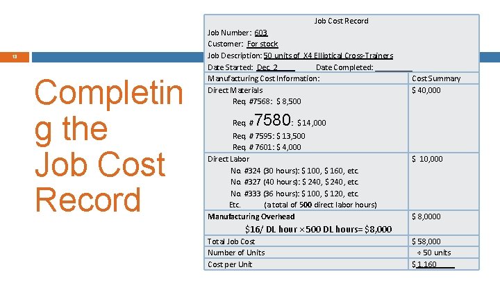 Job Cost Record 18 Completin g the Job Cost Record Job Number: 603 Customer: