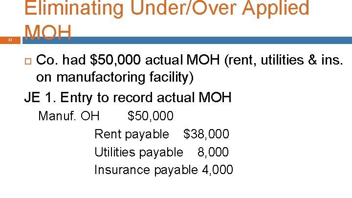 33 Eliminating Under/Over Applied MOH Co. had $50, 000 actual MOH (rent, utilities &