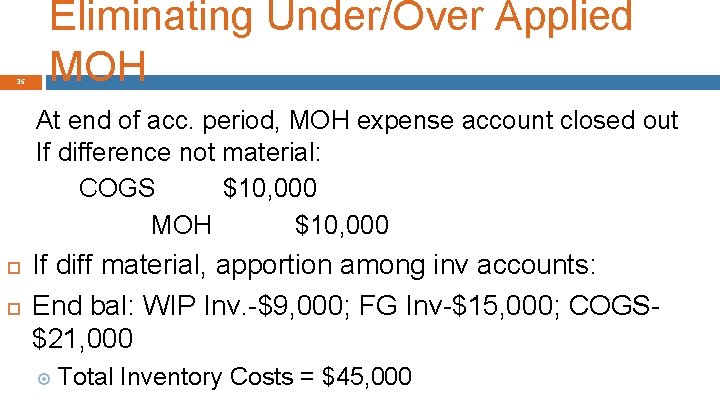 35 Eliminating Under/Over Applied MOH At end of acc. period, MOH expense account closed