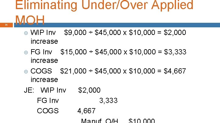 36 Eliminating Under/Over Applied MOH WIP Inv $9, 000 ÷ $45, 000 x $10,