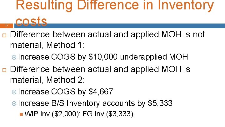 37 Resulting Difference in Inventory costs Difference between actual and applied MOH is not