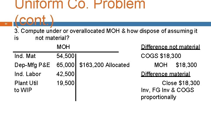 54 Uniform Co. Problem (cont. ) 3. Compute under or overallocated MOH & how