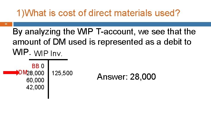 1)What is cost of direct materials used? 56 By analyzing the WIP T-account, we