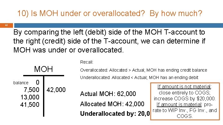 10) Is MOH under or overallocated? By how much? 65 By comparing the left