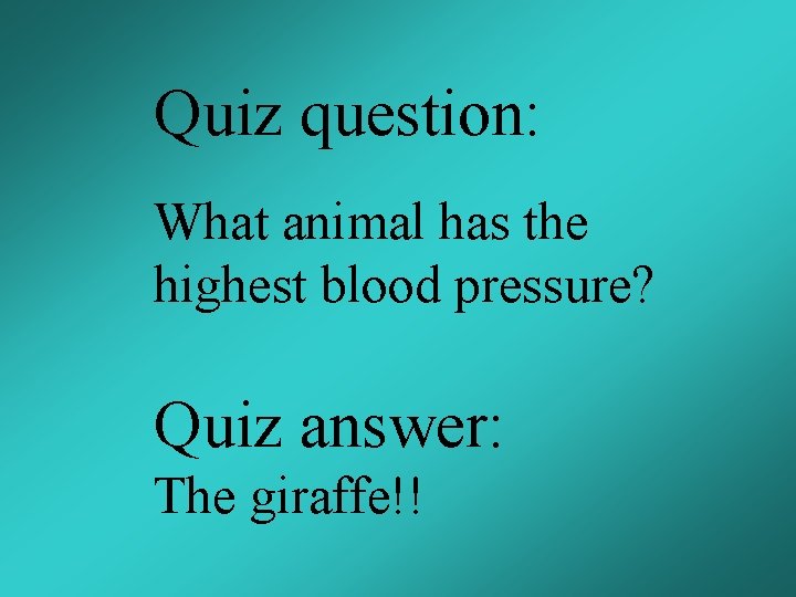Quiz question: What animal has the highest blood pressure? Quiz answer: The giraffe!! 
