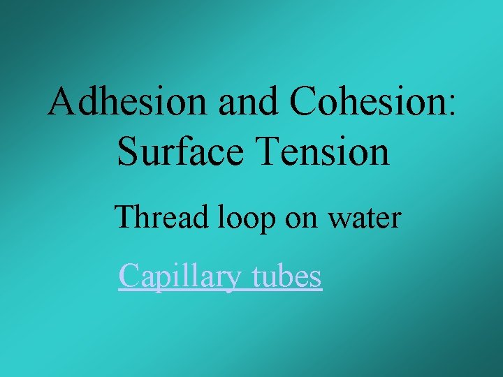 Adhesion and Cohesion: Surface Tension Thread loop on water Capillary tubes 